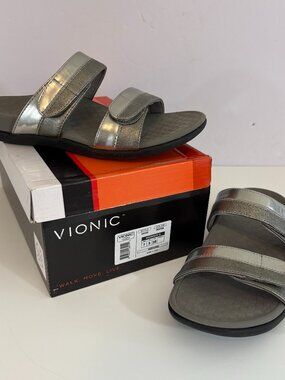 Vionic Shore Comfort Slide Sandals Pewter Silver Grey Womens US 7 Orthaheel